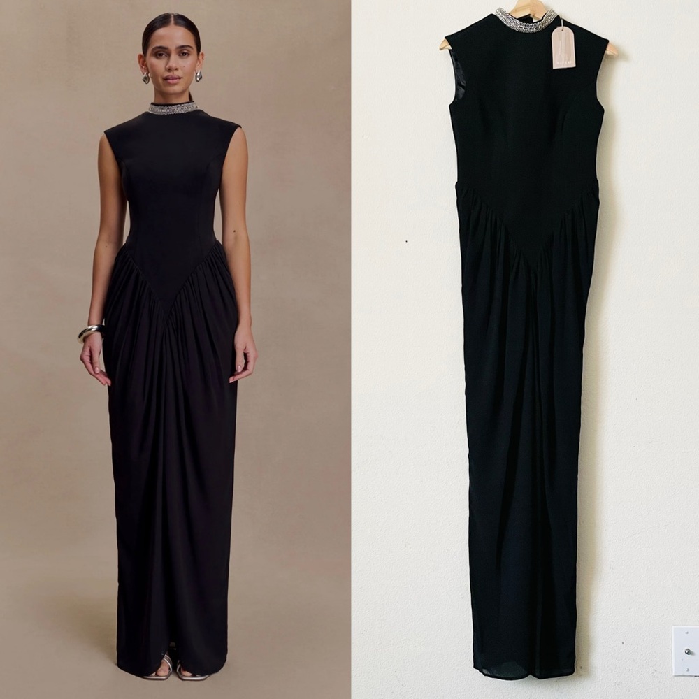 NWT MESHKI SMALL Elisa Diamante neck black maxi dress